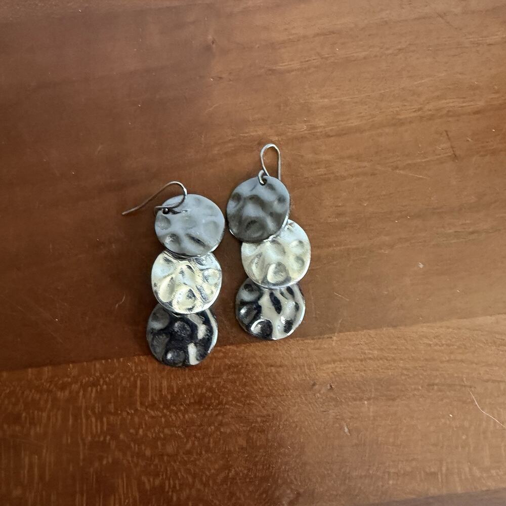 Dark Silver Tone 3 Round Disk Dangle Earrings Classic Simple